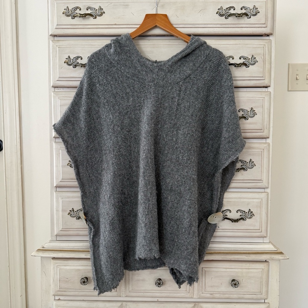 Vici Gray Hooded Knit Poncho with Side Button Detail